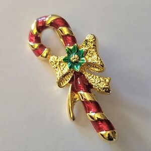 Vintage Candy Cane Christmas Red & Gold Enamel Stamped Holiday Pin Party MCM